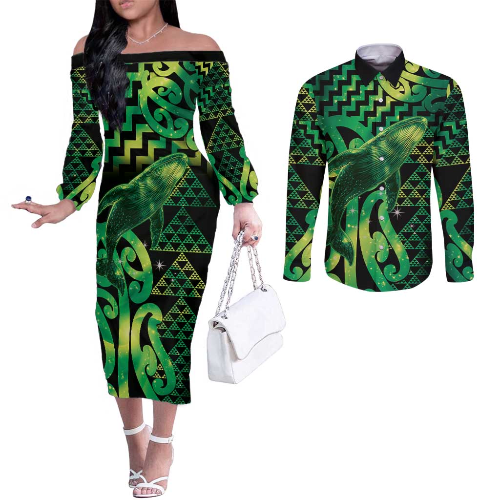 Humpback Whale Matariki New Zealand Couples Matching Off The Shoulder Long Sleeve Dress and Long Sleeve Button Shirt NZ Maori Paikea Poutama Luxury Green LT14 Green - Polynesian Pride