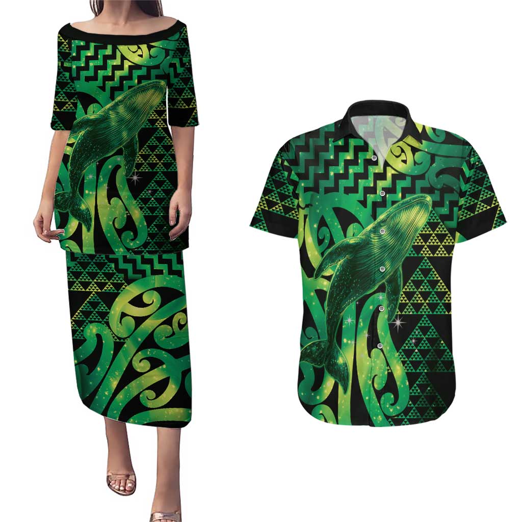 Humpback Whale Matariki New Zealand Couples Matching Puletasi and Hawaiian Shirt NZ Maori Paikea Poutama Luxury Green
