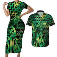 Humpback Whale Matariki New Zealand Couples Matching Short Sleeve Bodycon Dress and Hawaiian Shirt NZ Maori Paikea Poutama Luxury Green LT14 Green - Polynesian Pride