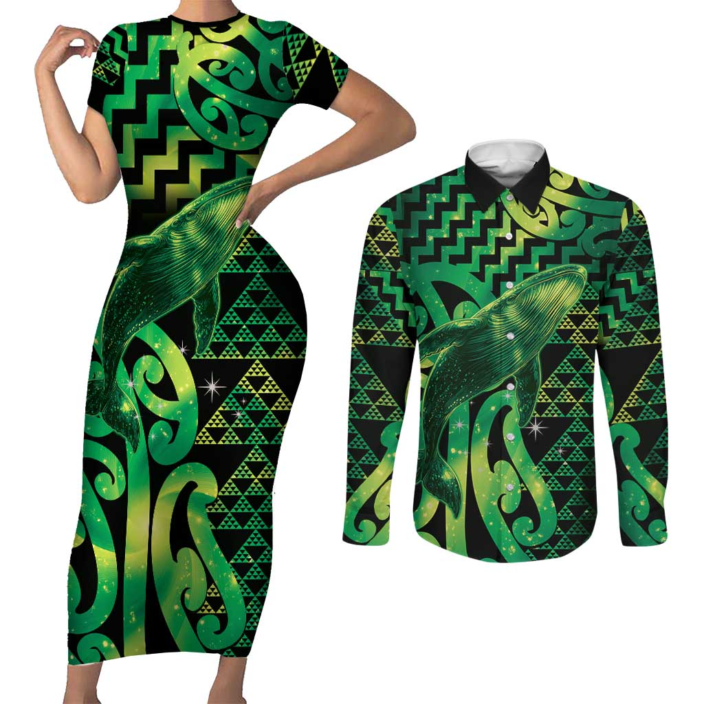 Humpback Whale Matariki New Zealand Couples Matching Short Sleeve Bodycon Dress and Long Sleeve Button Shirt NZ Maori Paikea Poutama Luxury Green LT14 Green - Polynesian Pride