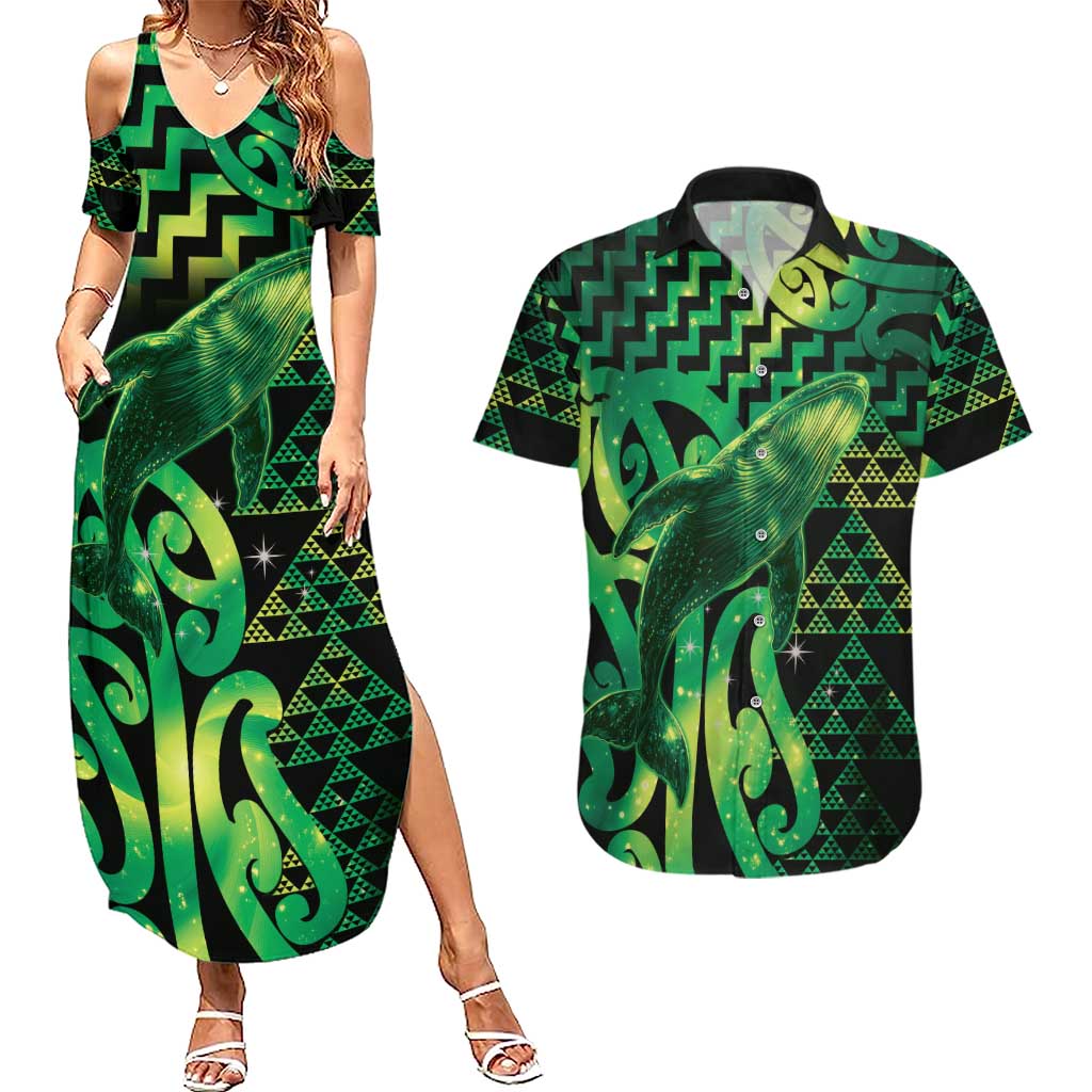 Humpback Whale Matariki New Zealand Couples Matching Summer Maxi Dress and Hawaiian Shirt NZ Maori Paikea Poutama Luxury Green LT14 Green - Polynesian Pride