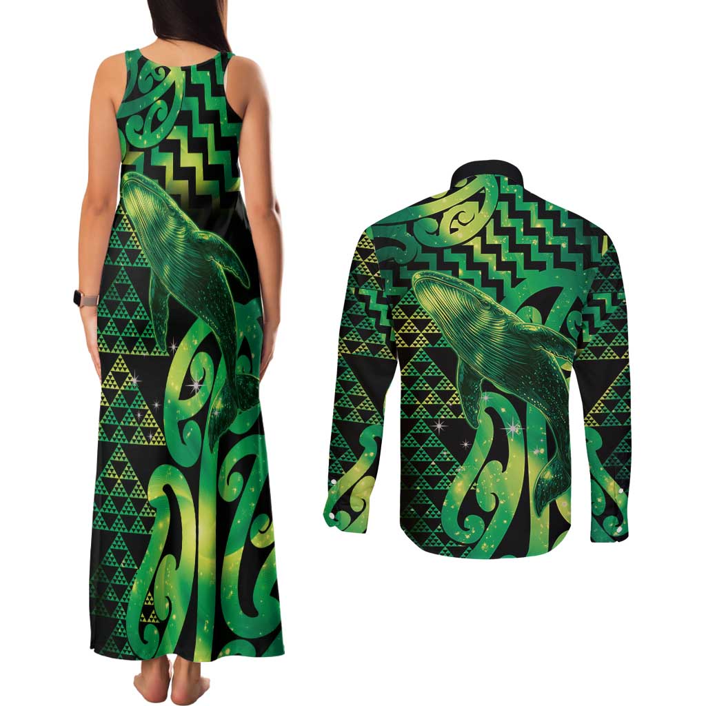 Humpback Whale Matariki New Zealand Couples Matching Tank Maxi Dress and Long Sleeve Button Shirt NZ Maori Paikea Poutama Luxury Green LT14 - Polynesian Pride