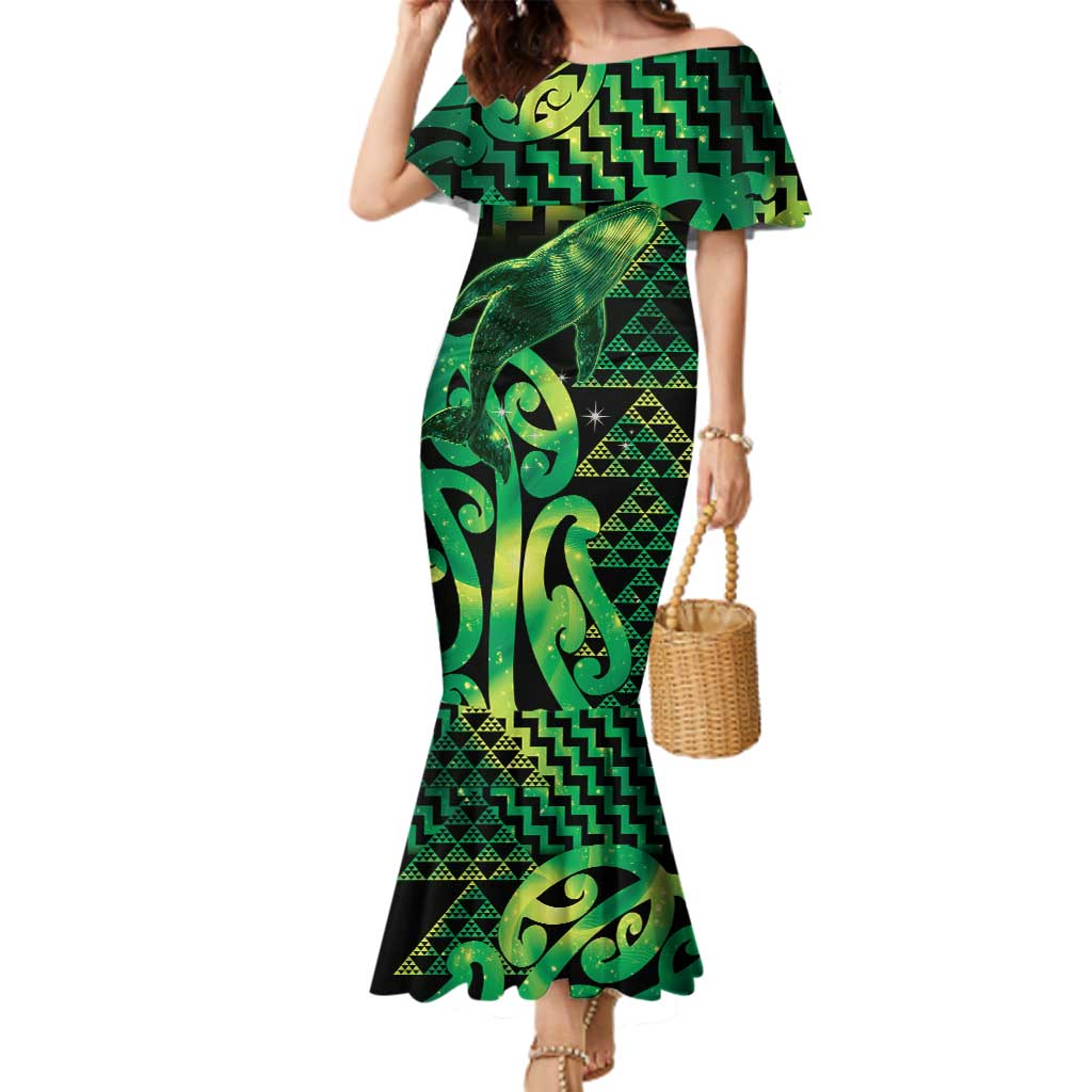 Humpback Whale Matariki New Zealand Family Matching Mermaid Dress and Hawaiian Shirt NZ Maori Paikea Poutama Luxury Green LT14 Mom's Dress Green - Polynesian Pride