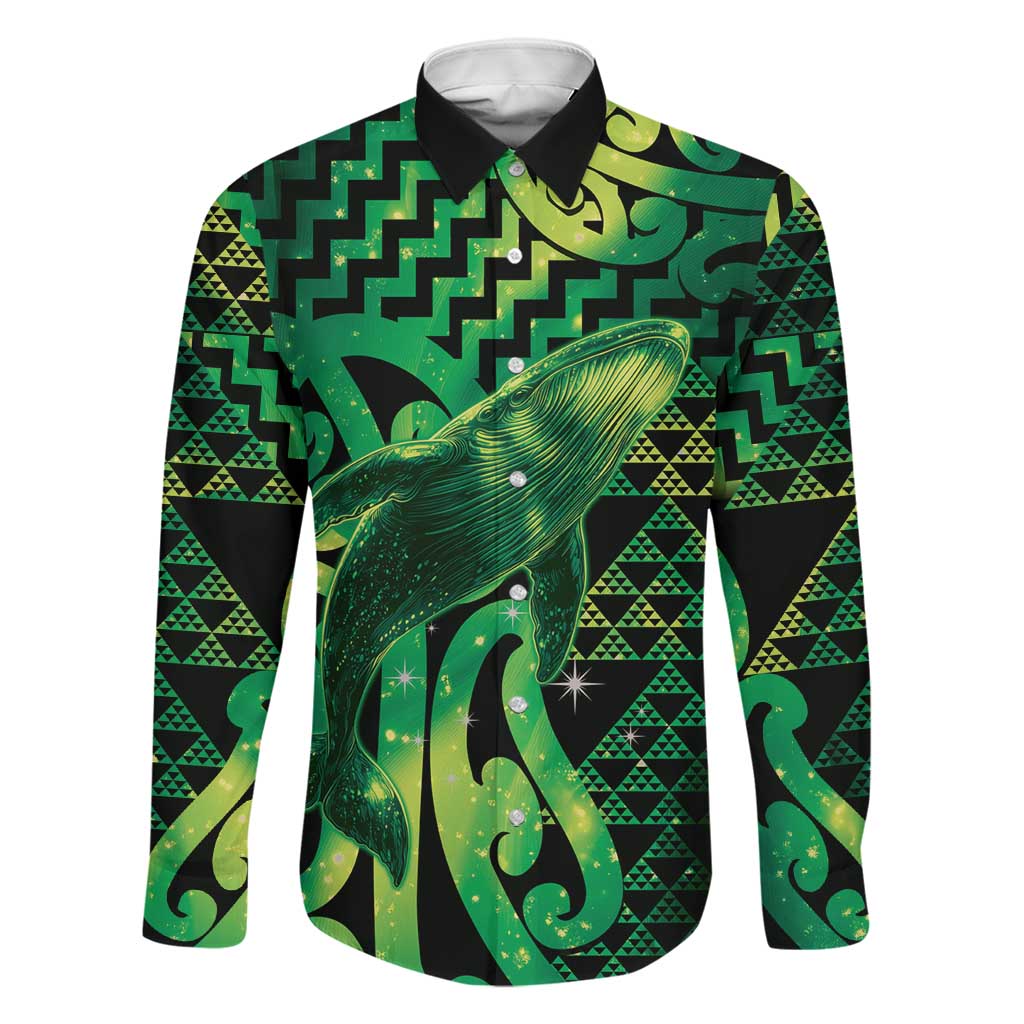 Humpback Whale Matariki New Zealand Family Matching Off Shoulder Maxi Dress and Hawaiian Shirt NZ Maori Paikea Poutama Luxury Green LT14 Dad's Shirt - Long Sleeve Green - Polynesian Pride
