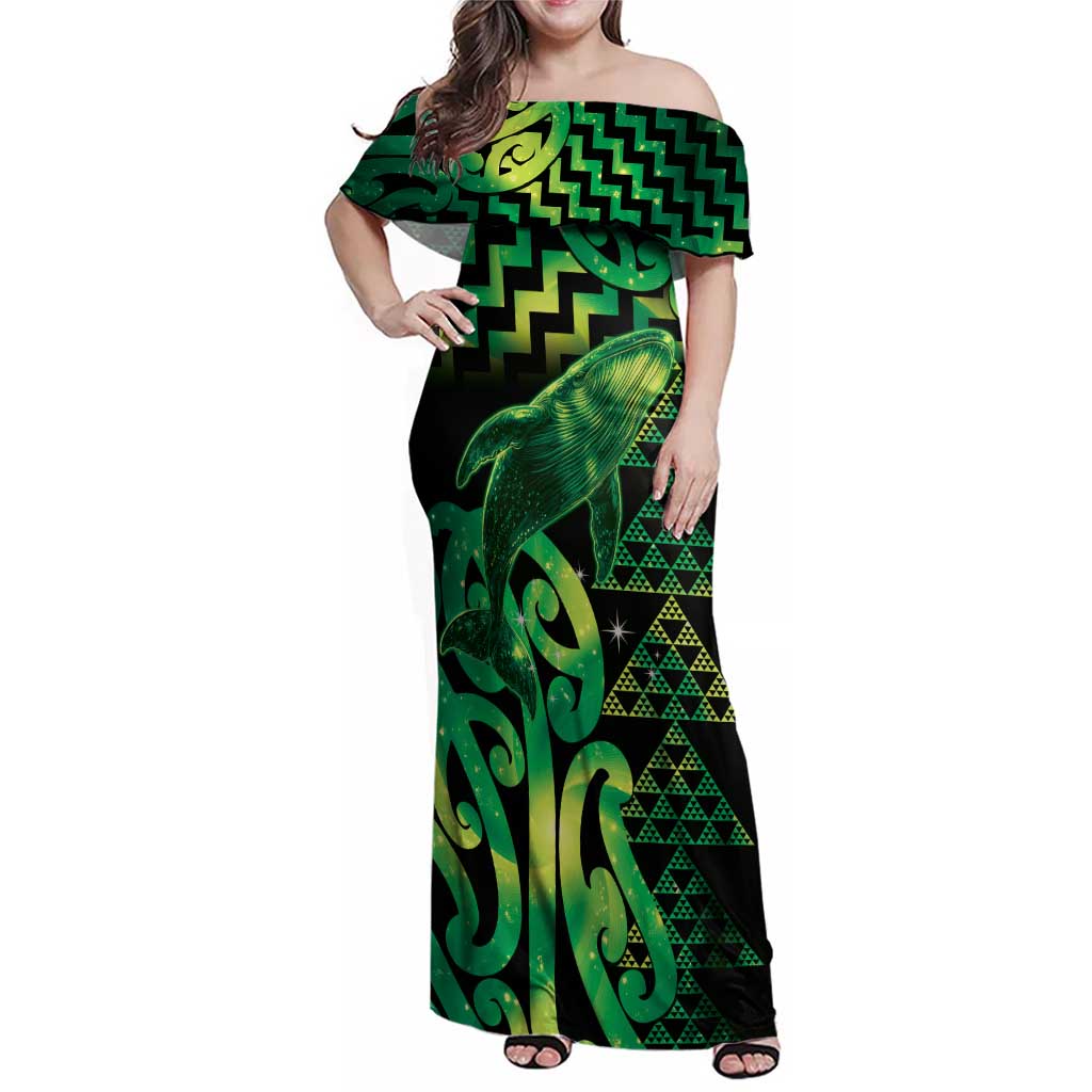 Humpback Whale Matariki New Zealand Family Matching Off Shoulder Maxi Dress and Hawaiian Shirt NZ Maori Paikea Poutama Luxury Green LT14 Mom's Dress Green - Polynesian Pride