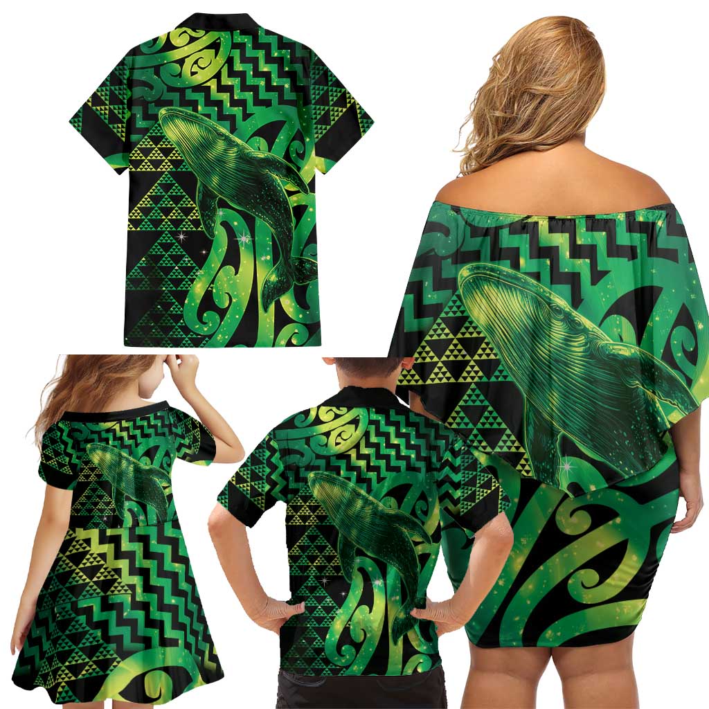Humpback Whale Matariki New Zealand Family Matching Off Shoulder Short Dress and Hawaiian Shirt NZ Maori Paikea Poutama Luxury Green LT14 - Polynesian Pride