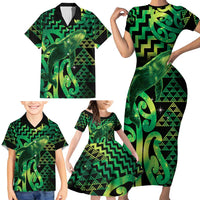 Humpback Whale Matariki New Zealand Family Matching Short Sleeve Bodycon Dress and Hawaiian Shirt NZ Maori Paikea Poutama Luxury Green LT14 - Polynesian Pride
