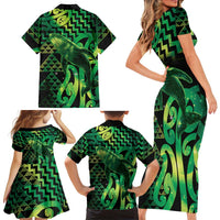 Humpback Whale Matariki New Zealand Family Matching Short Sleeve Bodycon Dress and Hawaiian Shirt NZ Maori Paikea Poutama Luxury Green LT14 - Polynesian Pride