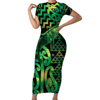 Humpback Whale Matariki New Zealand Family Matching Short Sleeve Bodycon Dress and Hawaiian Shirt NZ Maori Paikea Poutama Luxury Green LT14 Mom's Dress Green - Polynesian Pride