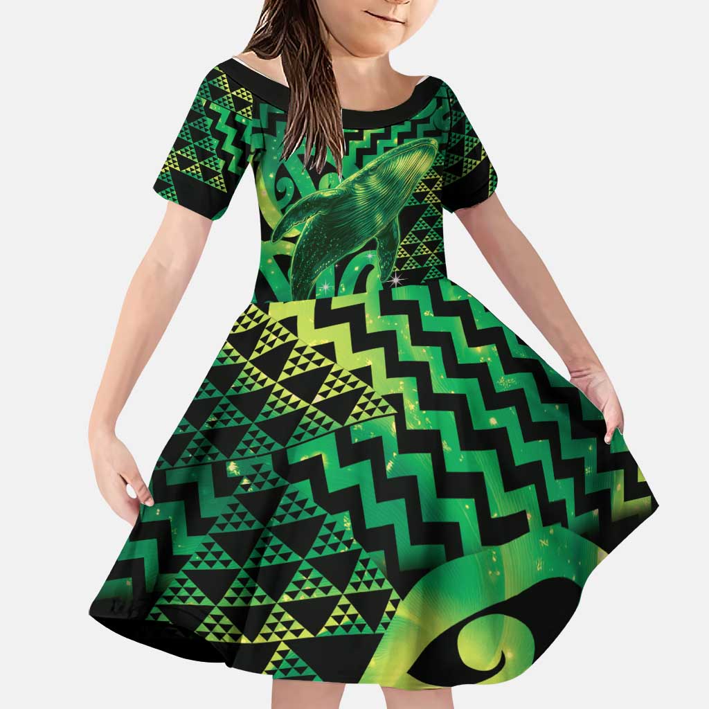 Humpback Whale Matariki New Zealand Family Matching Summer Maxi Dress and Hawaiian Shirt NZ Maori Paikea Poutama Luxury Green LT14 Daughter's Dress Green - Polynesian Pride