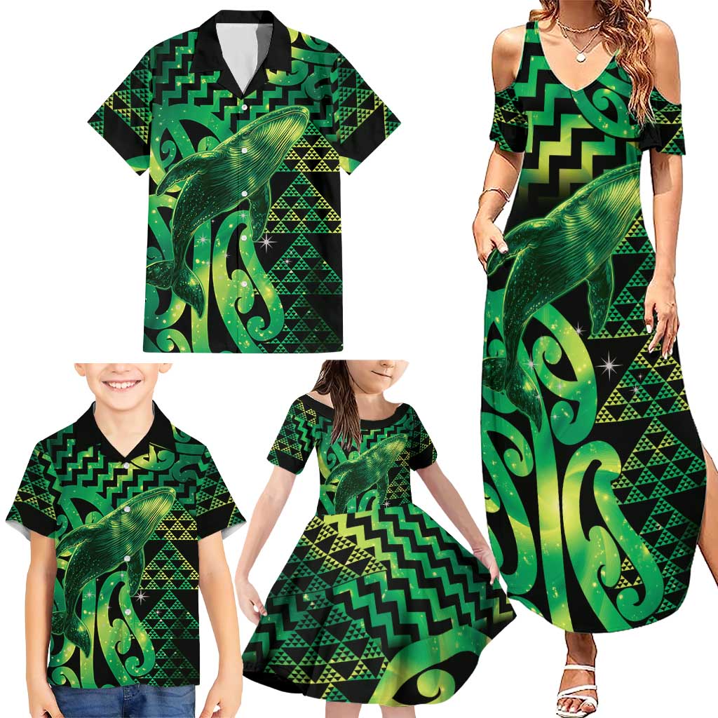 Humpback Whale Matariki New Zealand Family Matching Summer Maxi Dress and Hawaiian Shirt NZ Maori Paikea Poutama Luxury Green LT14 - Polynesian Pride