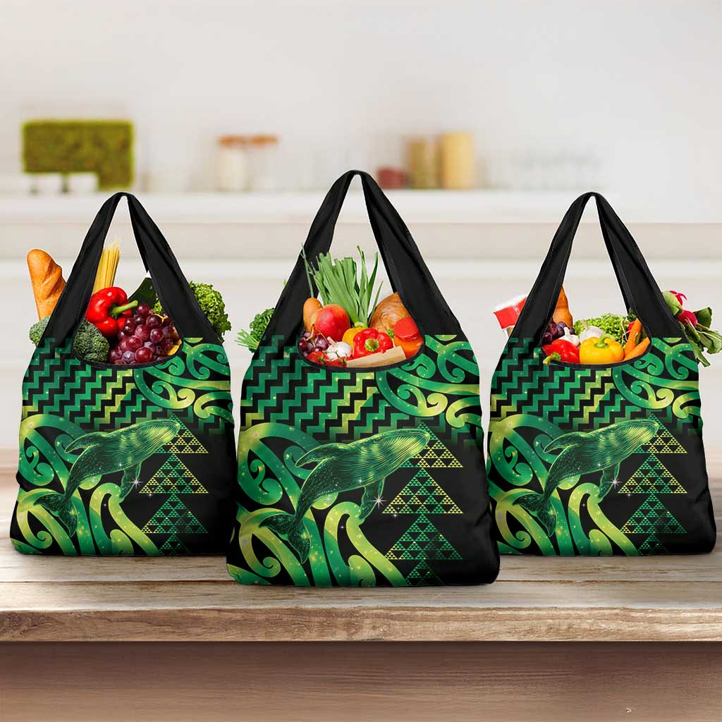 Humpback Whale Matariki New Zealand Grocery Bag NZ Maori Paikea Poutama Luxury Green LT14 3-pack One Size Green - Polynesian Pride