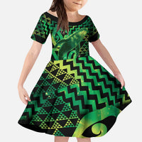 Humpback Whale Matariki New Zealand Kid Short Sleeve Dress NZ Maori Paikea Poutama Luxury Green LT14 KID Green - Polynesian Pride