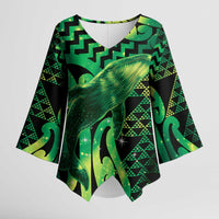 Humpback Whale Matariki New Zealand Kimono Sleeve Blouse NZ Maori Paikea Poutama Luxury Green LT14 Female Green - Polynesian Pride