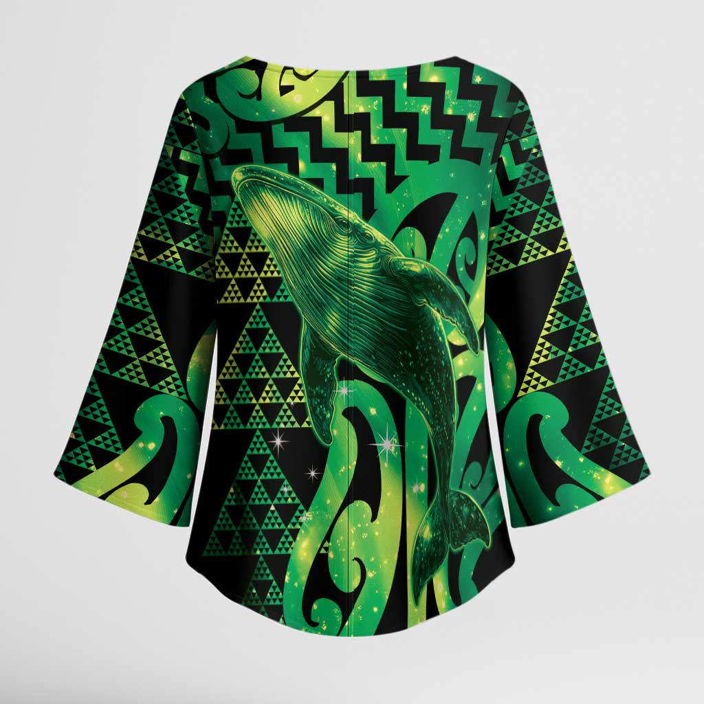 Humpback Whale Matariki New Zealand Kimono Sleeve Blouse NZ Maori Paikea Poutama Luxury Green LT14 - Polynesian Pride