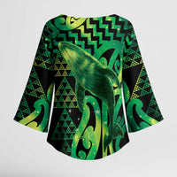 Humpback Whale Matariki New Zealand Kimono Sleeve Blouse NZ Maori Paikea Poutama Luxury Green LT14 - Polynesian Pride