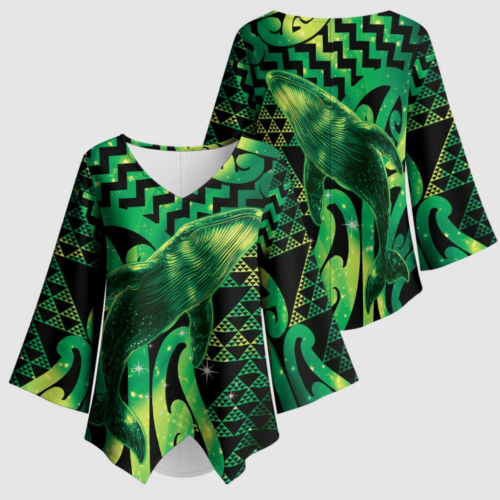 Humpback Whale Matariki New Zealand Kimono Sleeve Blouse NZ Maori Paikea Poutama Luxury Green LT14 - Polynesian Pride