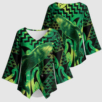 Humpback Whale Matariki New Zealand Kimono Sleeve Blouse NZ Maori Paikea Poutama Luxury Green LT14 - Polynesian Pride