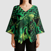 Humpback Whale Matariki New Zealand Kimono Sleeve Blouse NZ Maori Paikea Poutama Luxury Green LT14 - Polynesian Pride
