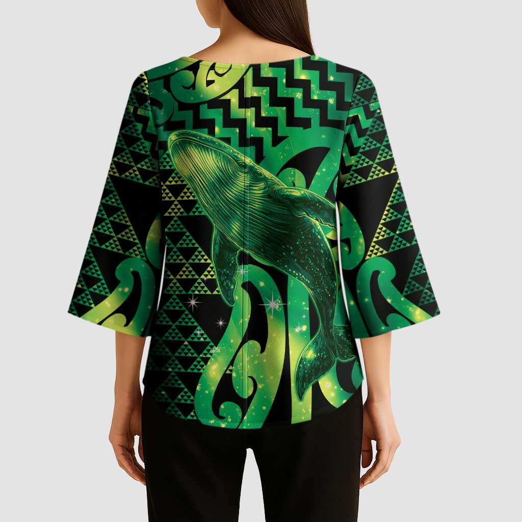 Humpback Whale Matariki New Zealand Kimono Sleeve Blouse NZ Maori Paikea Poutama Luxury Green LT14 - Polynesian Pride