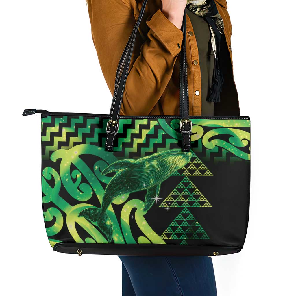 Humpback Whale Matariki New Zealand Leather Tote Bag NZ Maori Paikea Poutama Luxury Green LT14 - Polynesian Pride