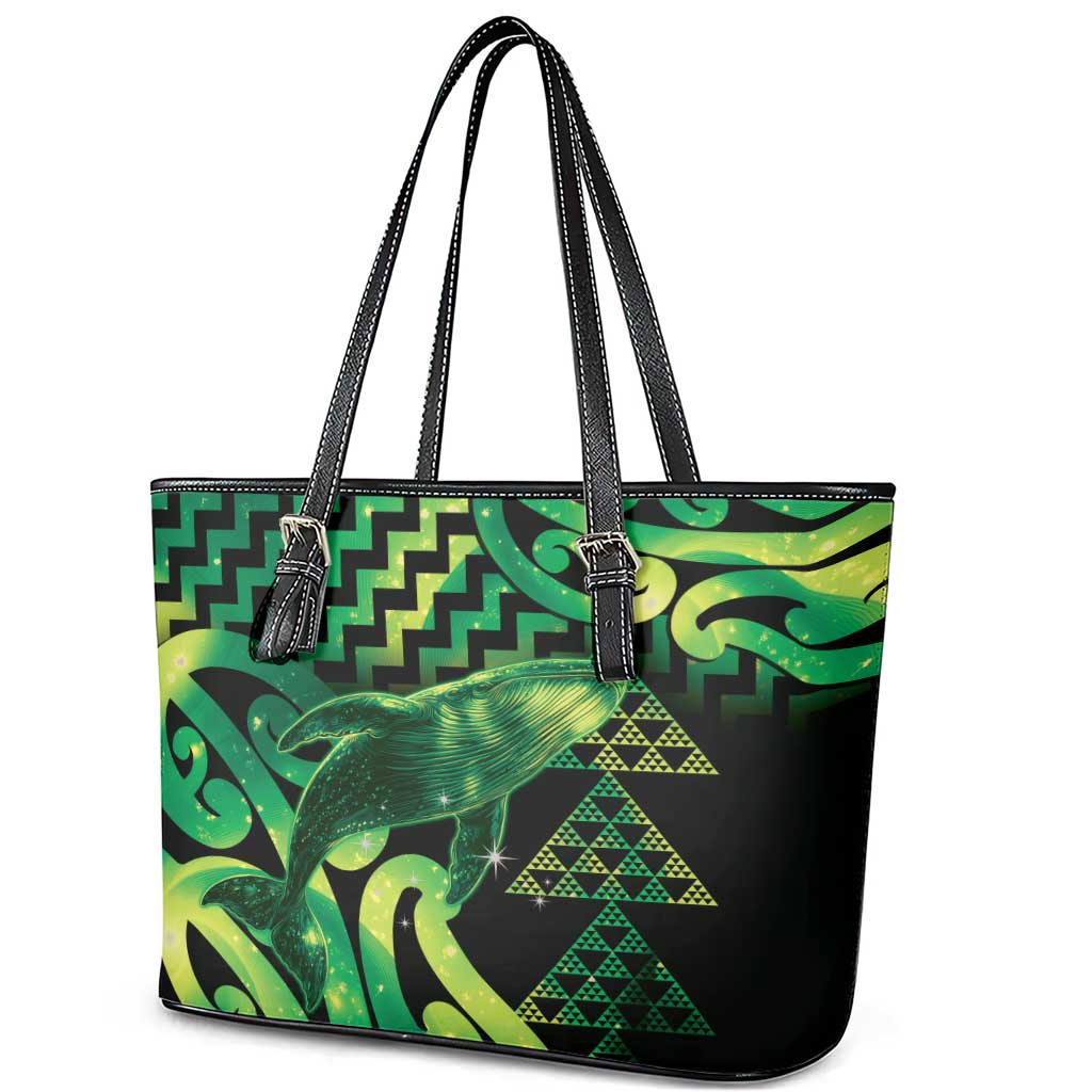 Humpback Whale Matariki New Zealand Leather Tote Bag NZ Maori Paikea Poutama Luxury Green LT14 - Polynesian Pride