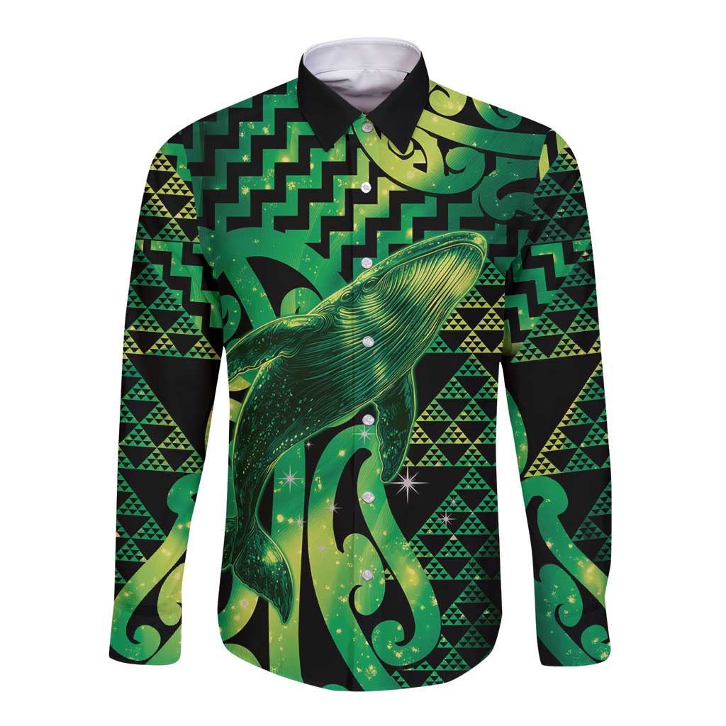 Humpback Whale Matariki New Zealand Long Sleeve Button Shirt NZ Maori Paikea Poutama Luxury Green LT14 Unisex Green - Polynesian Pride