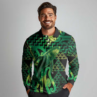 Humpback Whale Matariki New Zealand Long Sleeve Polo Shirt NZ Maori Paikea Poutama Luxury Green LT14 - Polynesian Pride