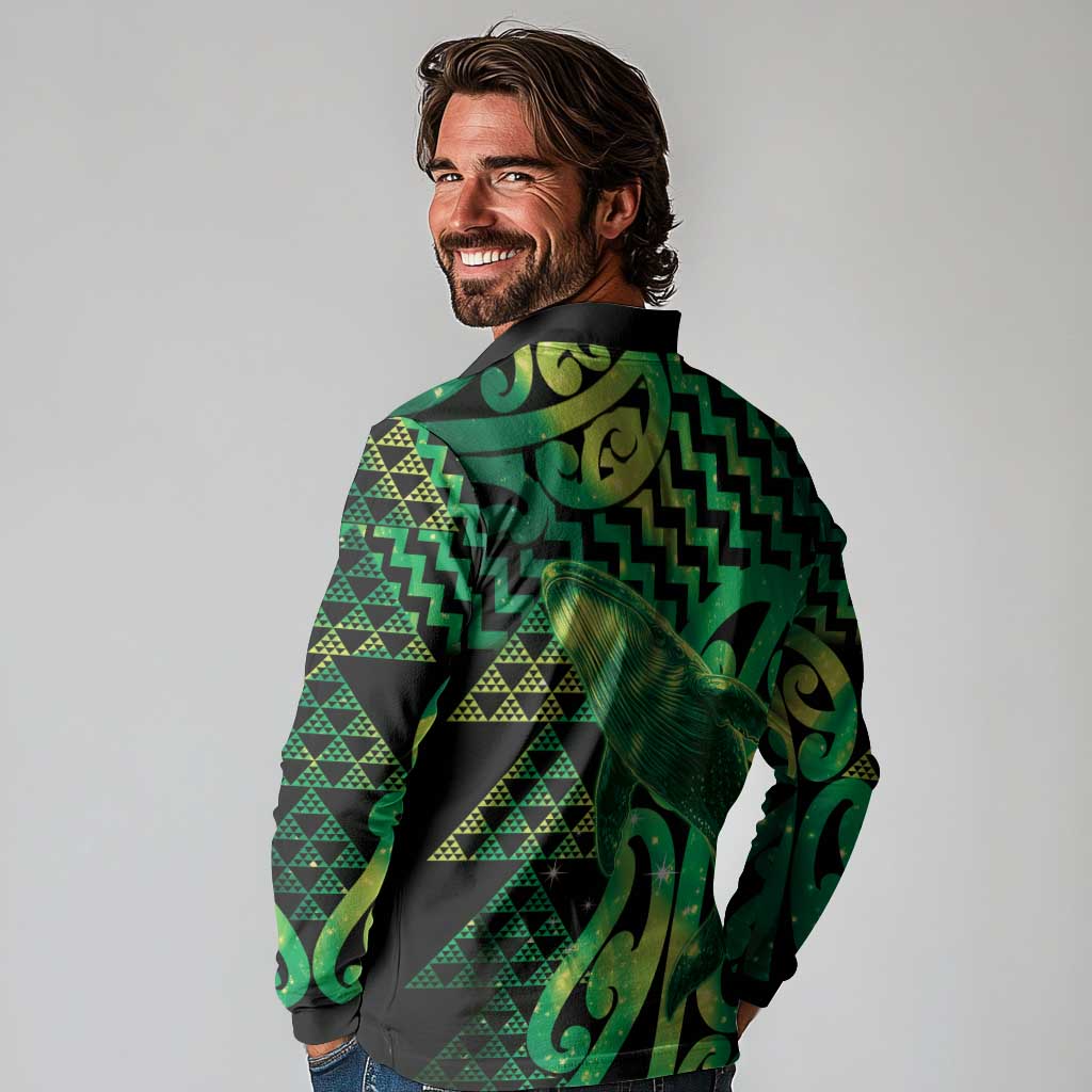 Humpback Whale Matariki New Zealand Long Sleeve Polo Shirt NZ Maori Paikea Poutama Luxury Green LT14 - Polynesian Pride