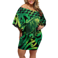 Humpback Whale Matariki New Zealand Off Shoulder Short Dress NZ Maori Paikea Poutama Luxury Green LT14 Women Green - Polynesian Pride