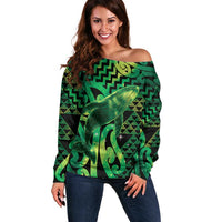 Humpback Whale Matariki New Zealand Off Shoulder Sweater NZ Maori Paikea Poutama Luxury Green LT14 Women Green - Polynesian Pride