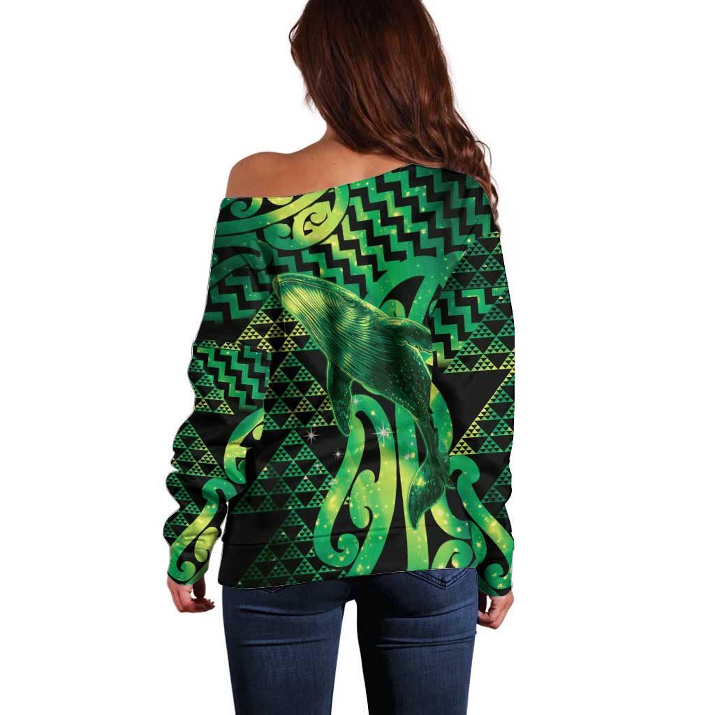 Humpback Whale Matariki New Zealand Off Shoulder Sweater NZ Maori Paikea Poutama Luxury Green LT14 - Polynesian Pride