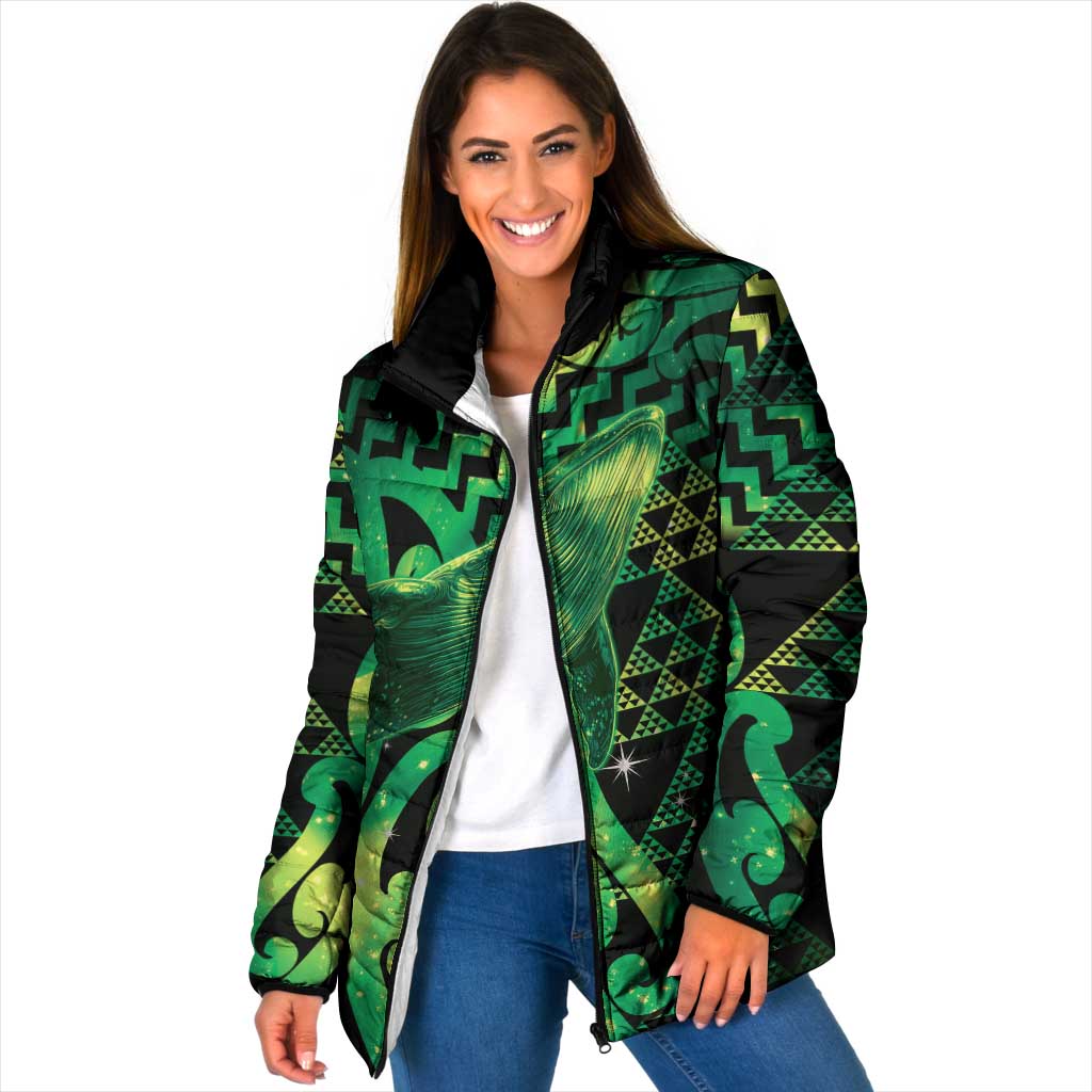 Humpback Whale Matariki New Zealand Padded Jacket NZ Maori Paikea Poutama Luxury Green LT14 Women Green - Polynesian Pride