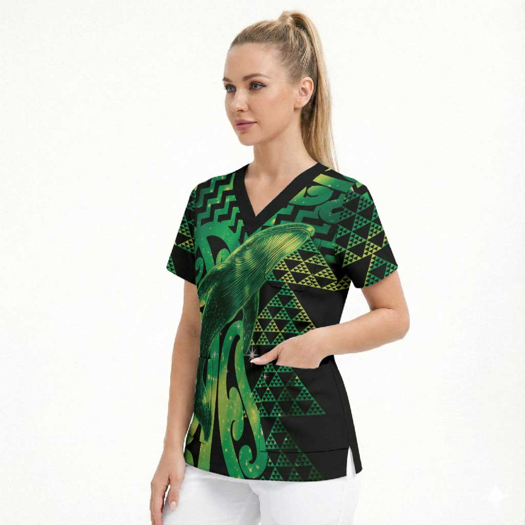 Humpback Whale Matariki New Zealand Scrub Top NZ Maori Paikea Poutama Luxury Green LT14 - Polynesian Pride