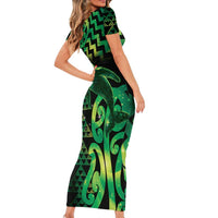 Humpback Whale Matariki New Zealand Short Sleeve Bodycon Dress NZ Maori Paikea Poutama Luxury Green LT14 - Polynesian Pride