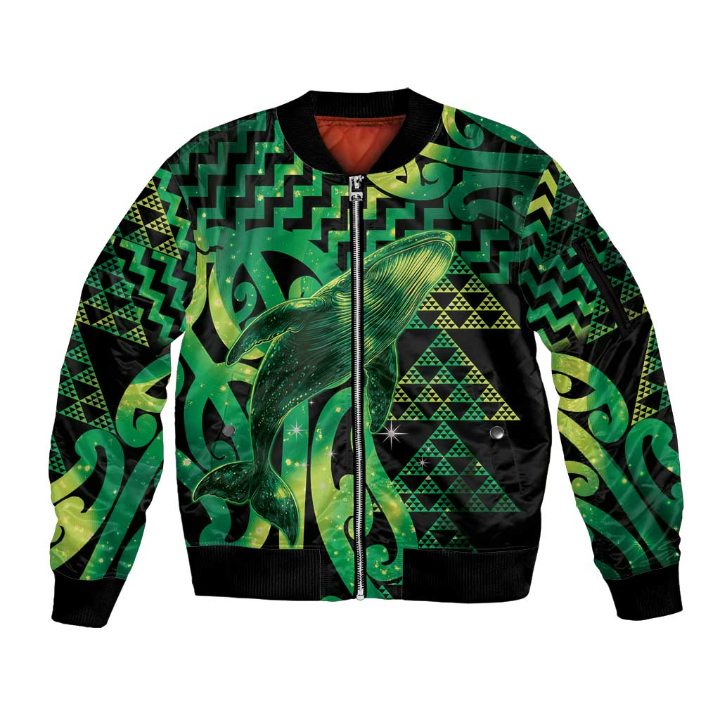 Humpback Whale Matariki New Zealand Sleeve Zip Bomber Jacket NZ Maori Paikea Poutama Luxury Green LT14 Unisex Green - Polynesian Pride