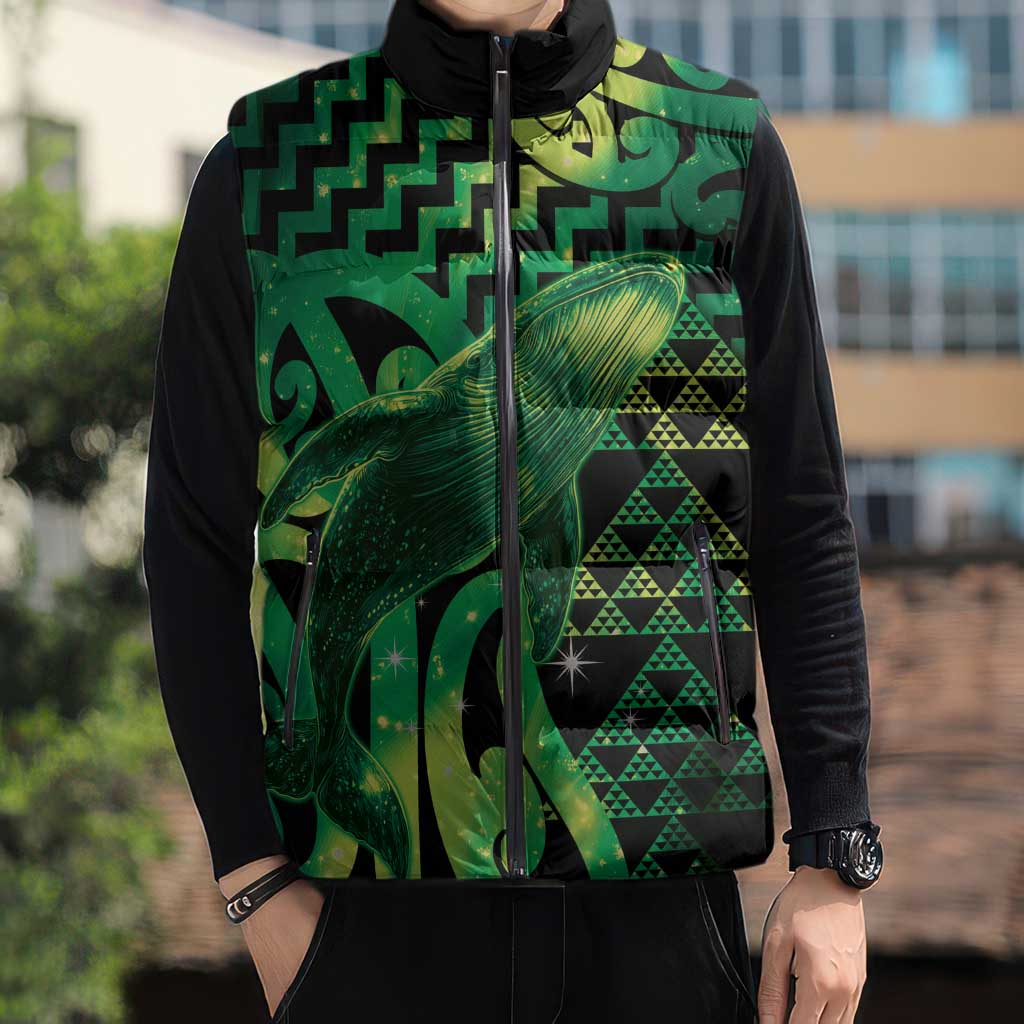 Humpback Whale Matariki New Zealand Sleeveless Puffer Jacket NZ Maori Paikea Poutama Luxury Green LT14 - Polynesian Pride