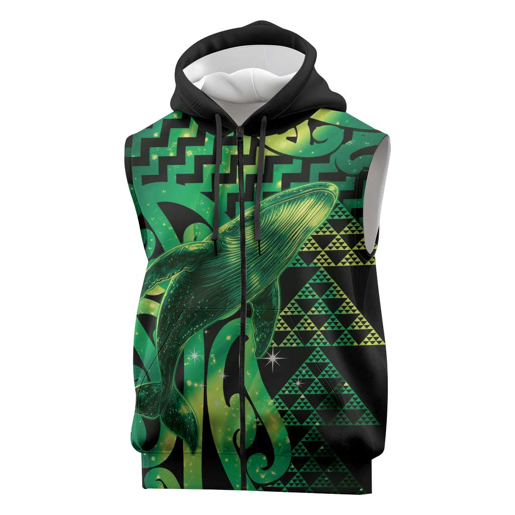Humpback Whale Matariki New Zealand Sleeveless Zip Hoodie NZ Maori Paikea Poutama Luxury Green LT14 Green - Polynesian Pride