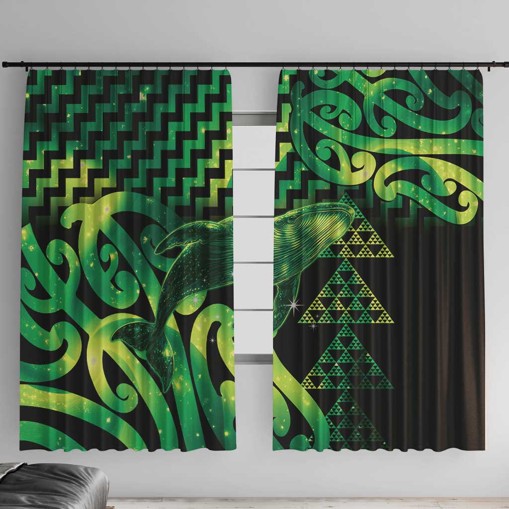 Humpback Whale Matariki New Zealand Window Curtain NZ Maori Paikea Poutama Luxury Green LT14 With Hooks Green - Polynesian Pride