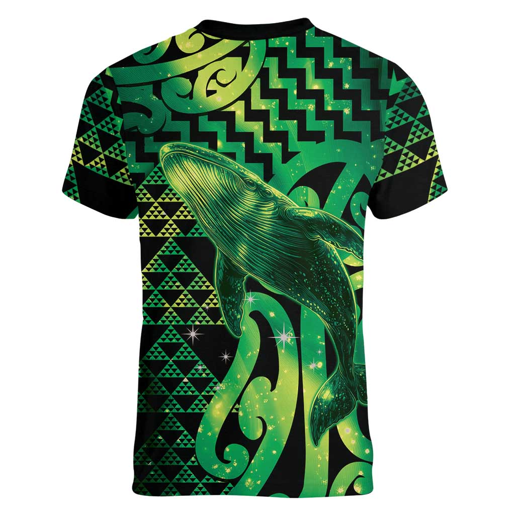 Humpback Whale Matariki New Zealand Women V-Neck T-Shirt NZ Maori Paikea Poutama Luxury Green LT14 - Polynesian Pride