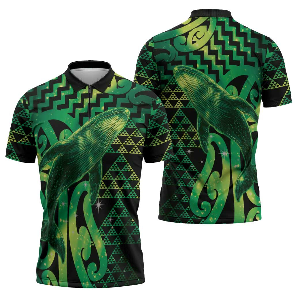 Humpback Whale Matariki New Zealand Zipper Polo Shirt NZ Maori Paikea Poutama Luxury Green LT14 - Polynesian Pride