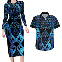 Taniko Motifs Matariki New Zealand Couples Matching Long Sleeve Bodycon Dress and Hawaiian Shirt NZ Niho Taniwha Poutama LT14 Blue - Polynesian Pride