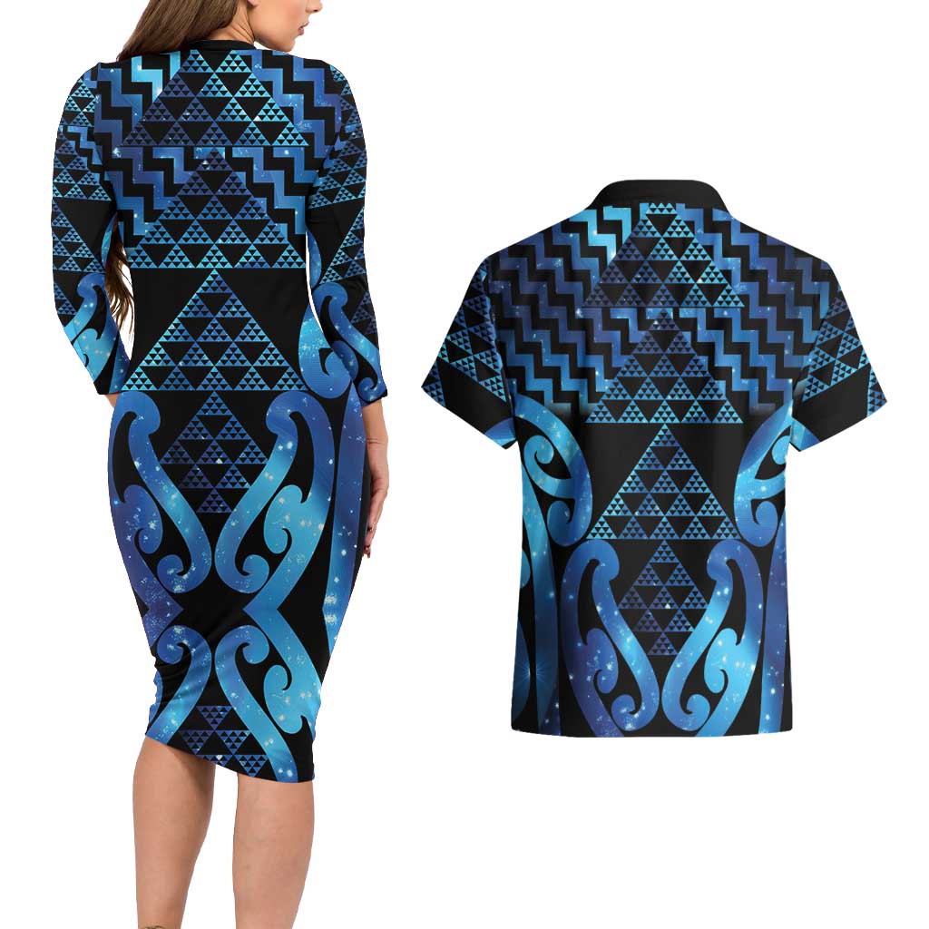 Taniko Motifs Matariki New Zealand Couples Matching Long Sleeve Bodycon Dress and Hawaiian Shirt NZ Niho Taniwha Poutama LT14 - Polynesian Pride