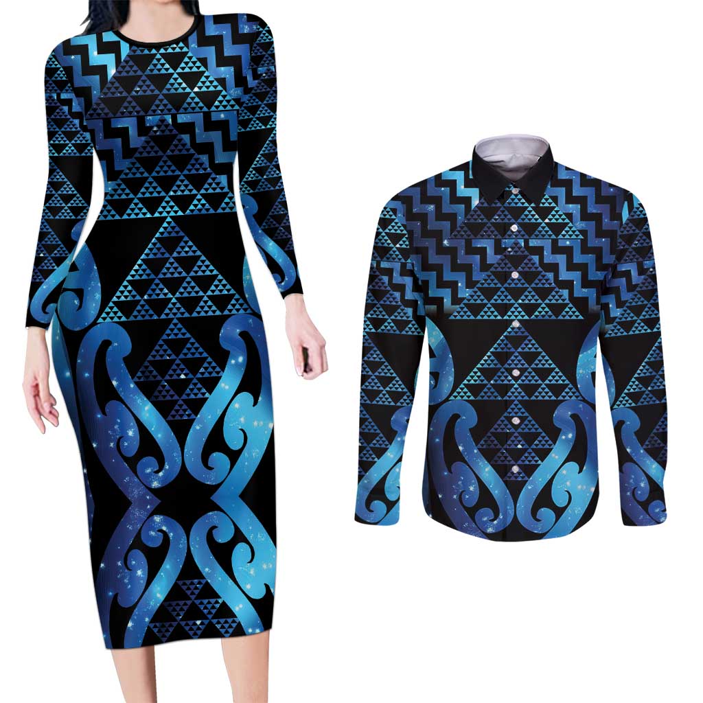 Taniko Motifs Matariki New Zealand Couples Matching Long Sleeve Bodycon Dress and Long Sleeve Button Shirt NZ Niho Taniwha Poutama LT14 Blue - Polynesian Pride
