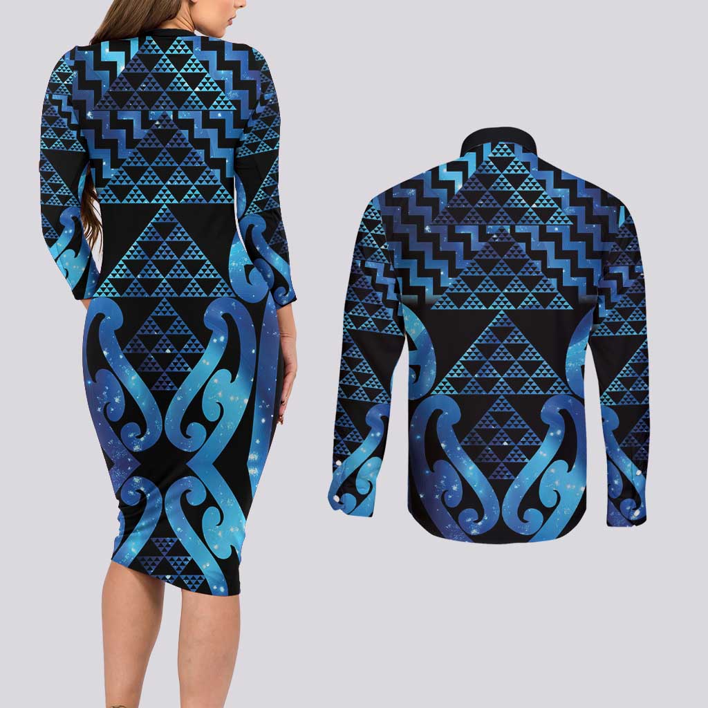 Taniko Motifs Matariki New Zealand Couples Matching Long Sleeve Bodycon Dress and Long Sleeve Button Shirt NZ Niho Taniwha Poutama LT14 - Polynesian Pride
