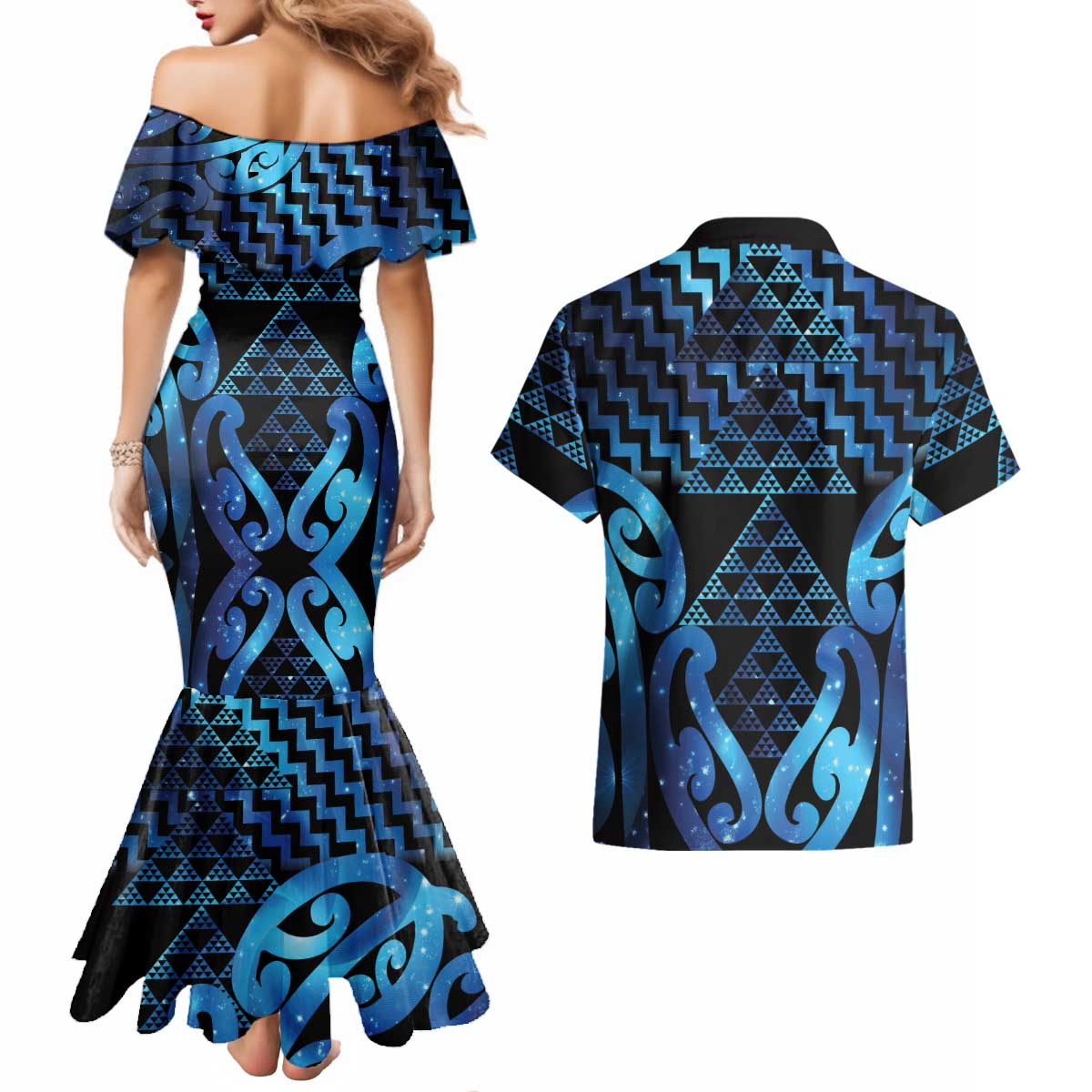 Taniko Motifs Matariki New Zealand Couples Matching Mermaid Dress and Hawaiian Shirt NZ Niho Taniwha Poutama LT14 - Polynesian Pride