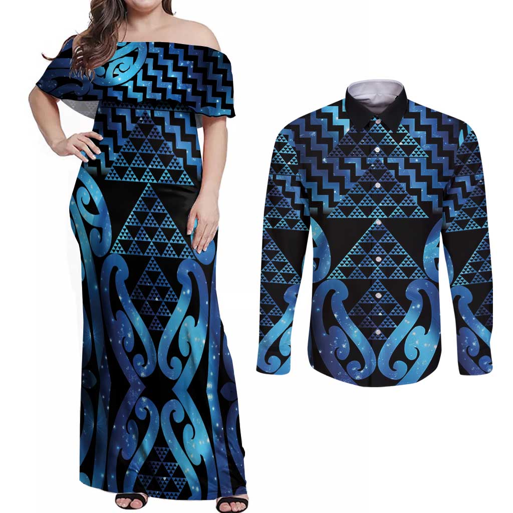 Taniko Motifs Matariki New Zealand Couples Matching Off Shoulder Maxi Dress and Long Sleeve Button Shirt NZ Niho Taniwha Poutama LT14 Blue - Polynesian Pride