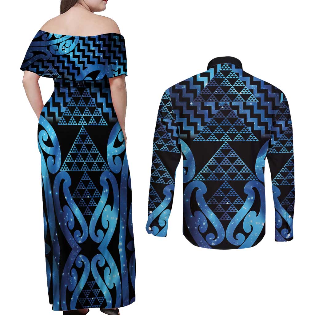 Taniko Motifs Matariki New Zealand Couples Matching Off Shoulder Maxi Dress and Long Sleeve Button Shirt NZ Niho Taniwha Poutama LT14 - Polynesian Pride