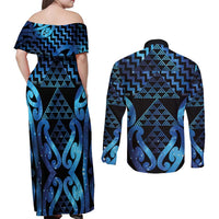 Taniko Motifs Matariki New Zealand Couples Matching Off Shoulder Maxi Dress and Long Sleeve Button Shirt NZ Niho Taniwha Poutama LT14 - Polynesian Pride