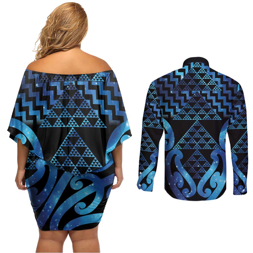 Taniko Motifs Matariki New Zealand Couples Matching Off Shoulder Short Dress and Long Sleeve Button Shirt NZ Niho Taniwha Poutama LT14 - Polynesian Pride